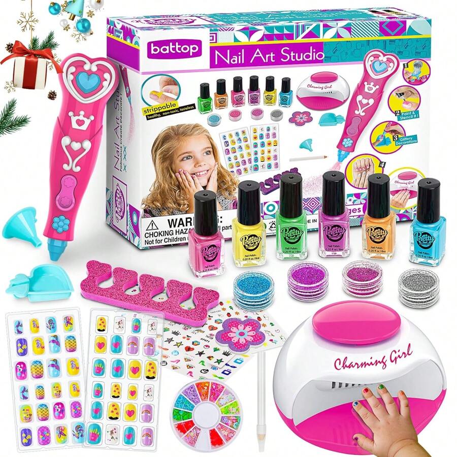 BATTOP Kids Nail Polish Set For Girls, Nail Art Kits With Nail Dryer & Glitter Pen, Quick Dry & Peel Off & Nail Polish, Christmas Birthday Gifts For Girls Ages 6 7 8 9 10 11 12 - Rose Red - View 1