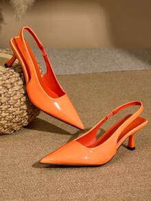 Tacones stilettos de punta fina de color nude brillante de alta calidad con tacón bajo y slip-on, estilo europeo para uso diario, fiestas y bodas, nuevos en primavera/verano, elegantes bombas de PU para damas - Naranja - Ver 4