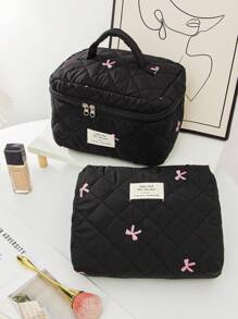 1 Piece Women's Bow Embroidered And Quilted Makeup Bag Sets Travel Cosmetic Bag With Handle Tampon Storage Bag Sanitary Pad Pouch Large Capacity Cosmetic Bag, Lightweight Fluffy Filling Toiletries Bag Mini Travel Makeup Case Pouch For Travel Storage,Daily Use. For School Cosmetic Bag Back To School Supplies Cosmetic Storage School Stuff Bag Organizer Room Stuff