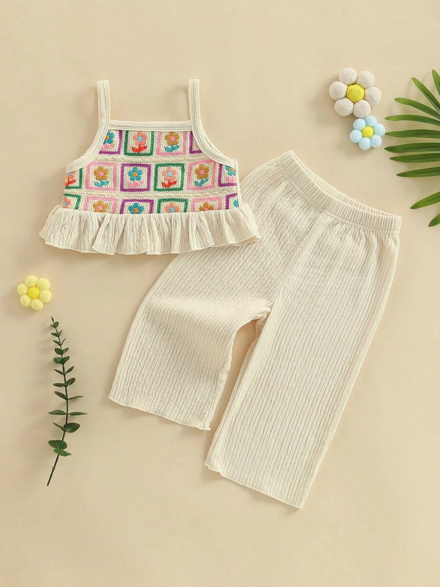 Toddler Baby Girl Summer Outfit Flowers Pattern Ruffled Spaghetti Straps Sleeveless Tops And Wide-Leg Pants 2 Pcs Set - Apricot - View 1