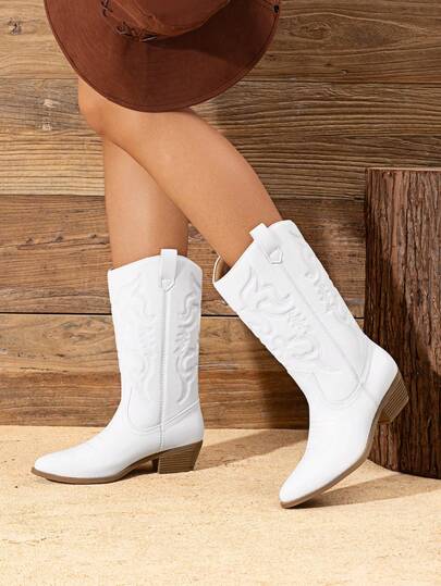 Botas vaqueras para mujer, con punta puntiaguda, sin cordones, con detalle bordado, tacón grueso, para festivales de música, a juego, botas de media caña