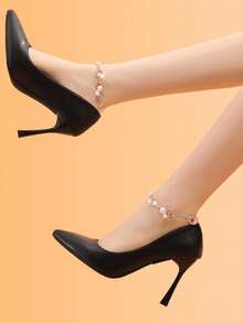 1/3 Pair Faux Pearl Solid Color Minimalist Practical Multi-Functional Elegant Black High Heel Sandals With Gold Chain Ankle Strap - Adjustable, Non-Slip, Invisible Buckle Design, Fashion Footwear, Shoe Style | Gold Chain Detail | PVC Material - Multicolor - View 8