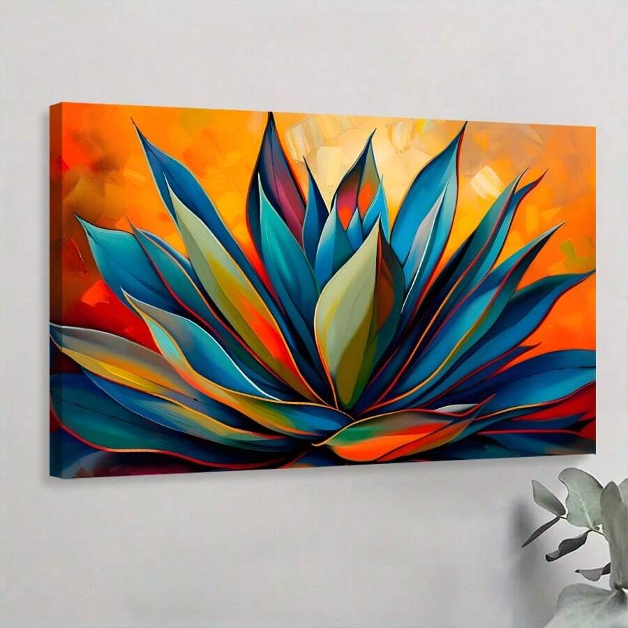 1Pc Solid Wood Frame Canvas Poster, Agave Desert Floral Theme Large Canvas Wall Art, Artwork Wall Painting For Gift, Bedroom, Office, Living Room, Cafe, Bar, Wall Decor, Home And Dormitory Decoration Ready To Hang - 亮橙色 - 查看 1
