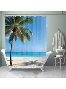 1pc/4pcs Tropical Seaside Beach Coconut Tree Printed Multifunctional Bathroom Decor Set, Includes Shower Curtain 12 Hooks, Anti-Slip Mat, U-Shaped Mat & Round Toilet Cover, For Whole Bathroom Back To School