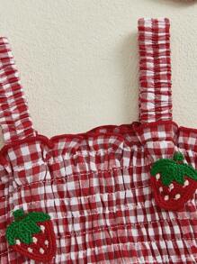 Baby Girl Strawberry Outfit Plaid Smocked Sleeveless Overall Romper Te-Up Headband Cute Summer Clothes 2Pcs Set