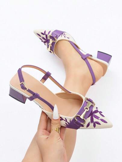 Giày cao gót hở gót mũi nhọn họa tiết hoa cổ điển dành cho nữ, giày cao gót thoải mái thời trang khi đi làm, dự tiệc tối, tiệc tùng, thích hợp cho mùa xuân, hè, thu, đông, màu tím, thanh lịch, giày cao gót nữ
