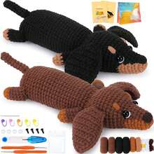 Crochet Kit For Beginners - 2 PCS Dachshund Crochet Kit With Step-By-Step Video Tutorials, Beginner Crochet Kit For Adults, Crochet Animal Kit For Kids, Dog Crocheting Set (Brown & Black) - Brown Black Dachshund Set - 查看 1