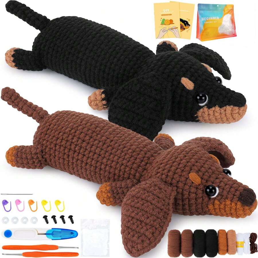 Crochet Kit For Beginners - 2 PCS Dachshund Crochet Kit With Step-By-Step Video Tutorials, Beginner Crochet Kit For Adults, Crochet Animal Kit For Kids, Dog Crocheting Set (Brown & Black) - Brown Black Dachshund Set - 查看 1