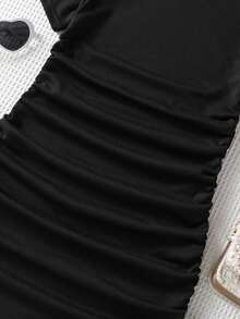 青少年女孩黑色纯色褶饰蝴蝶结连衣裙，休闲涤纶针织面料，略有弹性，常规版型，适合春夏秋季 - 黑色 - 查看 5