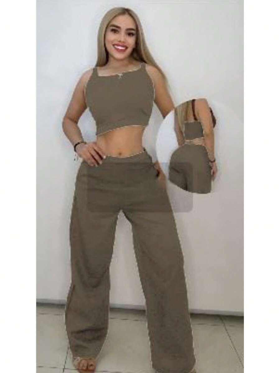Two-Piece Linen Set Plain Elegant Knot Pocket - 咖啡棕 - 查看 1
