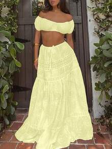 Women's Light Blue Off-Shoulder Crop Top With Puff Sleeves And Ruched Lace Detail Boho Vacation Style - 黃色 - 查看 1
