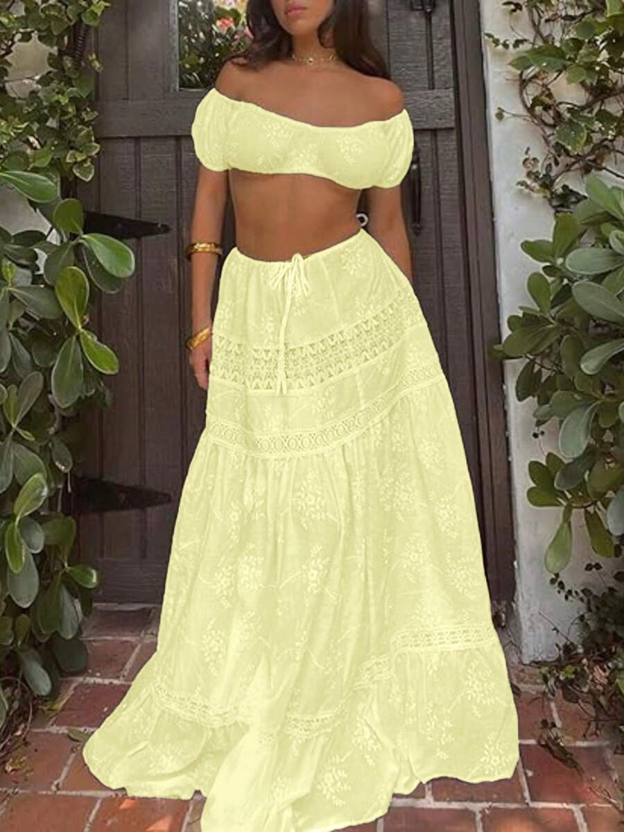 Women's Light Blue Off-Shoulder Crop Top With Puff Sleeves And Ruched Lace Detail Boho Vacation Style - Màu vàng - Xem 1