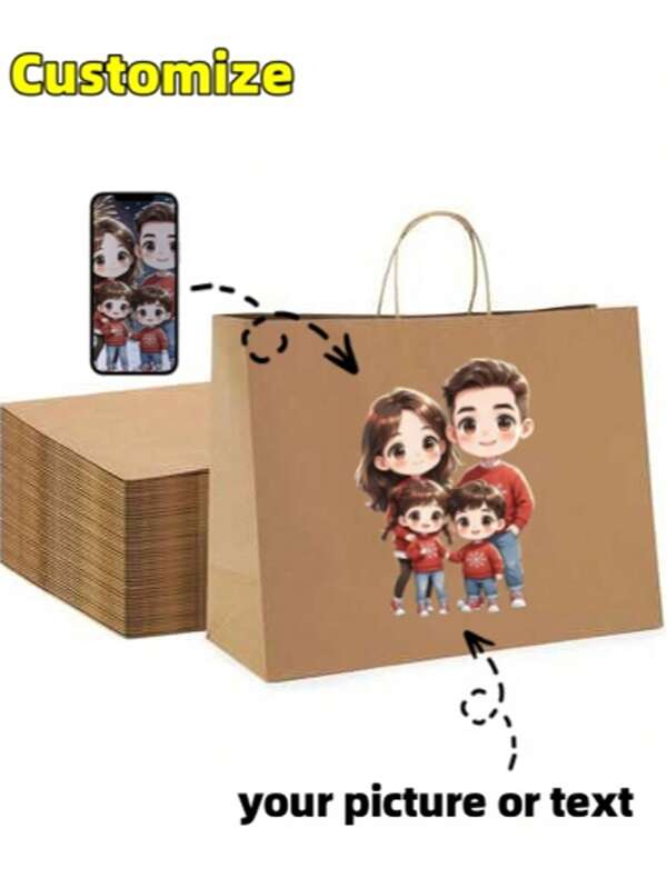 Sacchetto shopper personalizzato in carta kraft di grandi dimensioni, set multipezzi, resistente, adatto per regali, bevande, vestiti e altre esigenze di shopping, capacità di carico massima intorno ai 5 kg, robusto e affidabile. Realizzato in materiale di carta kraft, naturale in linea con il concetto di consumo verde. Supporta personalizzazione di immagini e testo, può essere utilizzato per commerciale, commemorazione personale, ecc., mostrando una personalizzazione unica