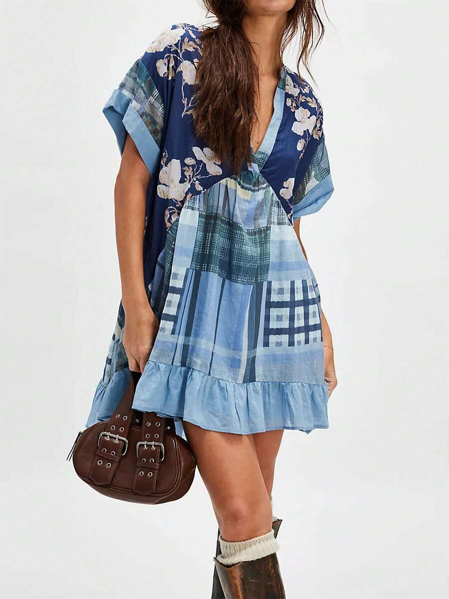Women Deep V Neck Floral Printed Boho Beach Mini Dress Summer Short ...