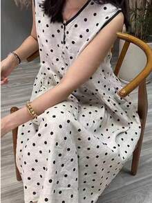 一件式无袖波点连衣裙法式复古亚麻毕业礼服女士优雅夏季新款海滩度假休闲太阳裙 - 淺灰色 - 查看 10