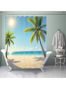 1pc/4pcs Tropical Seaside Beach Coconut Tree Printed Multifunctional Bathroom Decor Set, Includes Shower Curtain 12 Hooks, Anti-Slip Mat, U-Shaped Mat & Round Toilet Cover, For Whole Bathroom Back To School