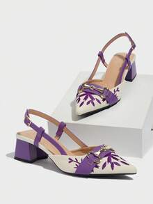 Sandálias de Salto Alto Tipo Slingback com Bico Fino e Decoração de Corrente, Estampa Floral Vintage para Mulheres, Saltos Confortáveis para Trabalho, Festa à Noite, Celebração, Adequado para Primavera, Verão, Outono, Inverno, Roxo, Elegante, Sapatos de Salto Femininos - Roxo - Visão 6
