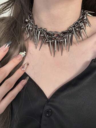 1pc Fashion Punk Metal Rivet Bead Tassel Chain Necklace, Chic Luxurious Choker Necklace, Perfect Accessory With Jeans/Pants, Great Gift Summer, School