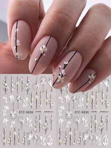 简约花朵 3D 指甲贴纸 小白镂空芙蓉花凝胶抛光贴花滑块 DIY 美甲装饰配件 - 彩色 - 查看 1