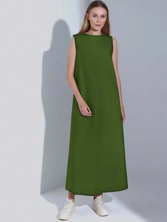 纯色简约无袖圆领休闲长连衣裙