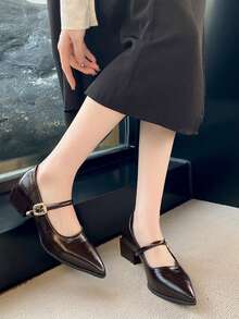 法式尖头玛丽珍棕色高跟鞋，2025春夏新款系带舒适休闲粗跟百搭时尚正装鞋