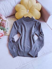 Basic Knitted Cold Weather Blouse Round Neck Sweater Women's Fashion - 灰色 - 查看 1