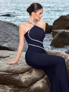 ADYCE Elegantes Damen Trägerkleid, handgefertigter Nageldrill mit Neckholder, hochgeschnitten, rückenfreies, gespaltenes Bandage-Design, Partykleid für Abschlussball, Geburtstag, Abenddate, Heimkehrfeier, Hochzeitsgast, formelles Dinner, Familienfest, Silvester, Valentinstag - marineblau - Übersicht 1