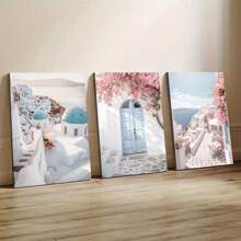 3pcs Santorini Street Canvas Wall Art - Greek Poster With White Architecture, Blue Rooftops & Pink Flowers, Waterproof Canvas Prints For Home, Bedroom, Dormitory Decor, Perfect Gift Idea, No Frame Coastal Decor Coastal Decor Beach Decor