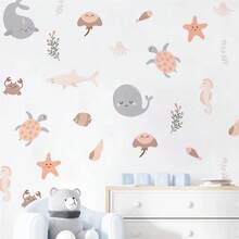 Pegatinas de pared con animales marinos pintados a mano de dibujos animados para decorar la habitación de los niños, la guardería, la sala de estar y el dormitorio - Multicolor-B - Ver 7
