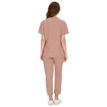 Stilvolles 2-teiliges Set, elegantes kurzärmeliges V-Ausschnitt Pflegekitteltop & Hose mit geraffter Taille Pflegeuniform Anzug, für Frauen, Pflegeuniform Set - Pink - Übersicht 5