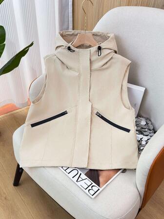 1 件女式平纹织物拉链口袋休闲无袖背心，连帽款式，适合日常、约会之夜、春夏秋休闲/通勤、时尚