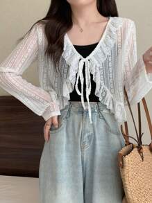 1pc Summer Lace Thin Short Cover Up, Tie Waist Hollow Out Beach Cover Up Vest To Pair With Dresses