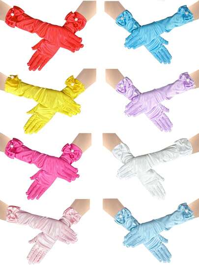 儿童奢华女童缎面珍珠蝴蝶结公主长手套，长款公主服装正式蝴蝶结手套，纯色光滑缎面服装手套，适合儿童派对、婚礼、正式场合