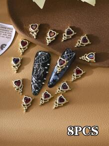 8 Stücke mehrfarbige Gothic Stil 3D Teufelsherz Strass Nail Art Dekorationen, mit Kupfer Zirkonia besetzt, Y2K Metallic Charm, DIY Salon Kunstbedarf, Nagelschmuck, Nagel-Accessoires, Fake Nagel Deko
