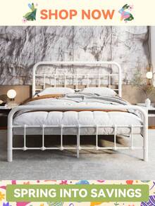 HOOMIC White Full/Queen/King Size Metal Bed Frame With Headboard And Footboard * Bed Frame Queen Queen Bed Frame Bed Frame Full Full Size Bed Frame King Size Bed Frame Twin Bed Frame Room Decor Home Decor Christmas Decor Bedroom Decor Valentine Day Decor Storage Living Room Decor Furniture House Decor - 白色 - 查看 2