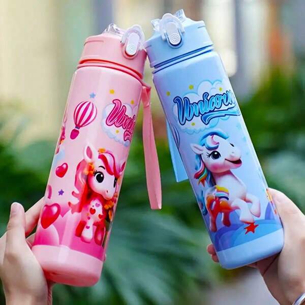 1 Stück süße cartoon Einhorn Wasserflasche - 800ml Fassungsvermögen, Strohhalm Becher, mit Tragegriff, auslaufsicher, stoßfest, tragbar - geeignet für Reisen, Outdoor-Aktivitäten, Studentengebrauch - ideal als Geschenk zu Valentinstag, Muttertag, Thanksgiving, Weihnachten und Neujahr
