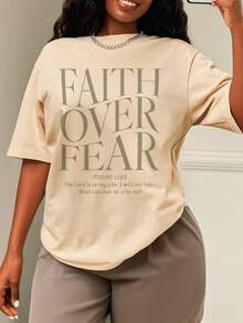 Oversized Style For Women, Faith Over Fear Christian T-Shirt, Christian Gift, Faith T-Shirt Tee, Oversize Type Shirt For Women, Perfect For Holiday Parties Or Gift Giving, Soft And Comfortable - Màu be - Xem 1