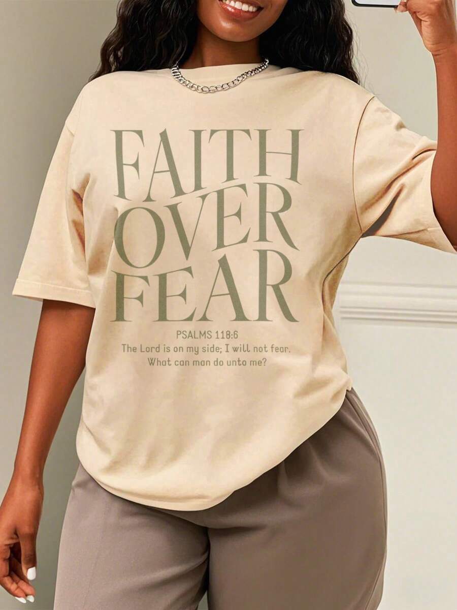 Oversized Style For Women, Faith Over Fear Christian T-Shirt, Christian Gift, Faith T-Shirt Tee, Oversize Type Shirt For Women, Perfect For Holiday Parties Or Gift Giving, Soft And Comfortable - Màu be - Xem 1