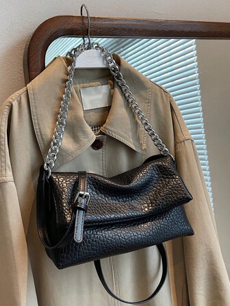 Nuevo bolso plegable con relieve para mujer, bolso bandolera cruzado de gran capacidad con cadena metálica, bolso bandolera estilo sobre retro para ir al trabajo, bolso cuadrado mini de unicolor