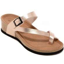 Crescent Strap Adjustable Buckle Flip Flops - Comfortable Summer Sandals With Thick Soles - Champagne - View 1