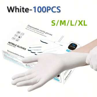 20/50/100只装白色一次性丁腈手套，适用于绘画、厨房浴室清洁、洗碗等多种用途。也适用于绘画、工艺、清洁、美容美甲等。家居清洁必备品，食品处理、厨房清洁、纹身、美容、染发、美容院清洁工具等。（无包装盒）