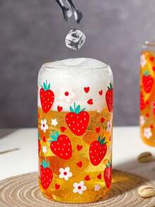 4pcs/1pc Strawberry Floral Print Glass Cup With Lid & Straw, 16oz Jar Shaped Water Tumbler, Iced Coffee Cup, Suitable For Tea, Juice, Milk, Birthday Gift, Drinkware, Reusable - Multicolor - View 7