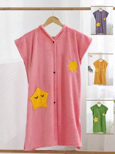 1 قطعة بشكل معطف قطني مطرز بقلنسوة وجيب على الصدر من الفرو الناعم الامتصاصي المناسب للمنزل، الحمام، غرفة النوم، حوض السباحة، الشاطئ، ديكور المنزل والحمام للربيع والصيف