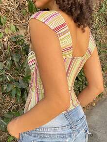Women's Y2K Slim Fit Tank Tops Cute Plaid Sleeveless Crop Tops Striped Cami Tops Cute Square Neck Vest Summer Shirts Aesthetic Tops For Streetwear Going Out Tops - 彩色 - 查看 4
