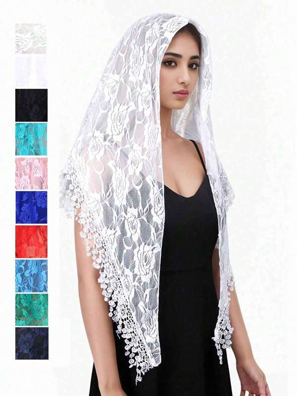 1pc Sun Protection Rose Flower Lace Hollow Out Solid Color Tassel Lady Bandana Scarf Headscarf Shawl Valentine's Day Valentines