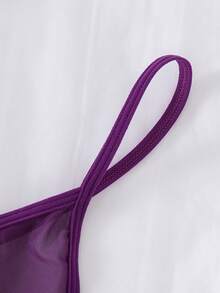 2pcs Women Sexy Solid Color Lace Sleepwear Set, V Neck Backless Asymmetric Hem Camisole & G-String, Comfortable Robe - Mauve Purple - View 4
