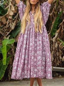 Eilly Bazar Plus Size Mid-Length Sleeve All-Over Print Pleated Casual Dress, Suitable For Vacations - Mauve Purple - View 4