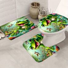 1pc/4pcs Cute Frog & Bird Fabric Bathroom Shower Curtain Set With 12 Hooks, Bath Mat, Toilet Lid Cover & U-Shaped Mat, Bathroom Accessories Shower Curtain 4-Piece Set, All-Purpose For Daily Use, Household Essential Home Bathroom Decor Fall Decor Back To School