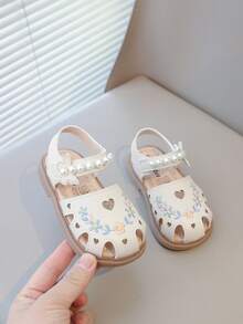 New Girls Embroidered Pearl Design Princess Flats, Comfortable Lightweight Casual Versatile Sandals, Elegant