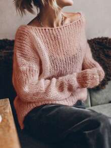 VIBEWAVE 性感宽松露肩镂空轻薄女式长袖毛衣，休闲优雅，适合日常和节日穿着 - 粉色 - 查看 3